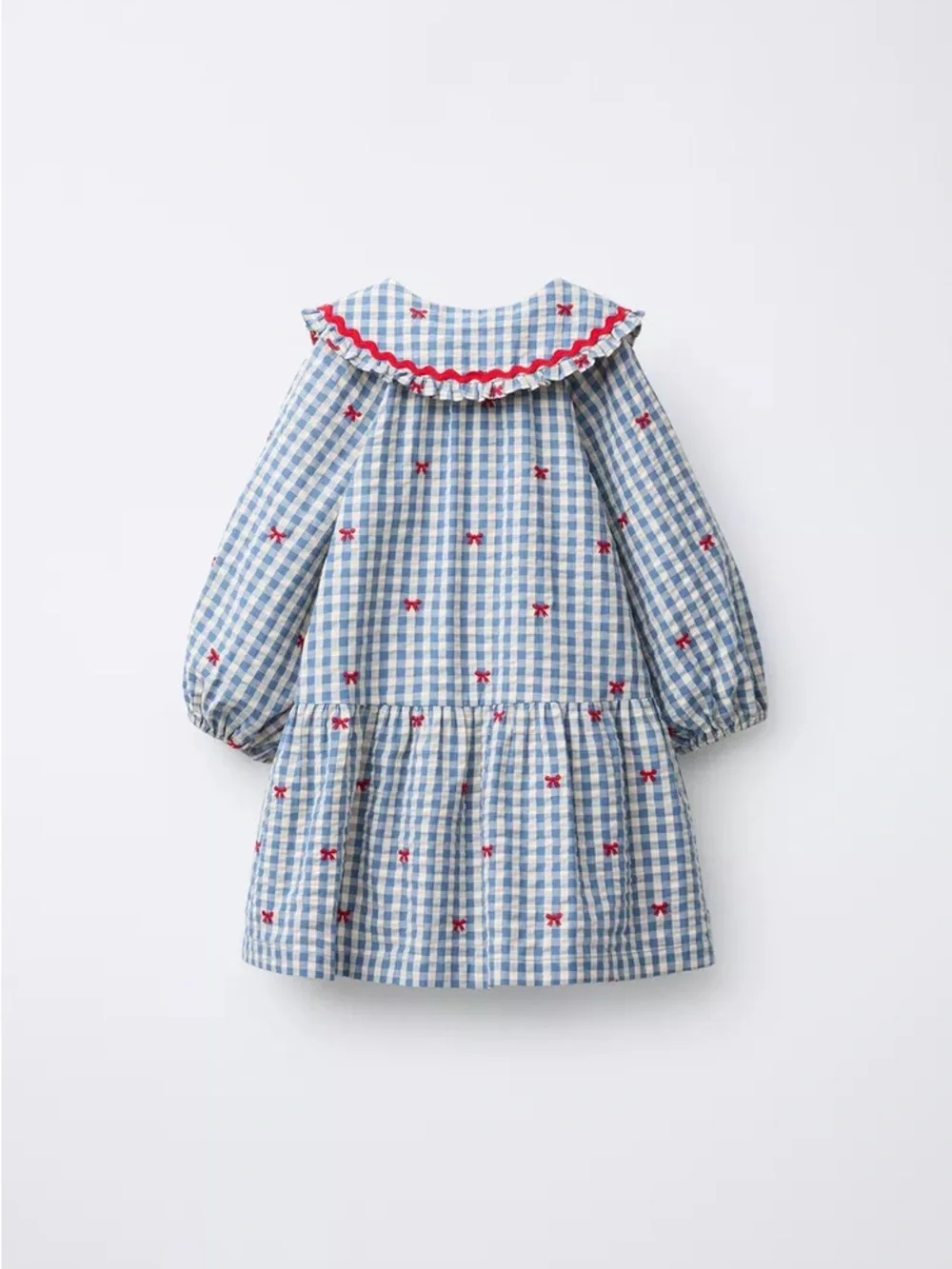 Zara Blue Gingham Dress with Red Bow Embroider